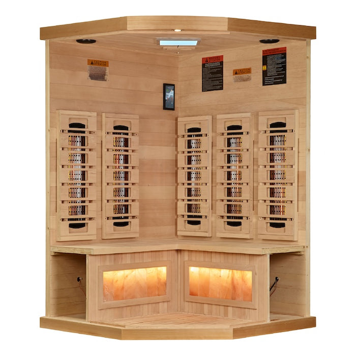 Golden Designs 3-Person Corner Full Spectrum PureTech™ Near Zero EMF FAR Infrared Sauna with Himalayan Salt Bar (Canadian Hemlock)