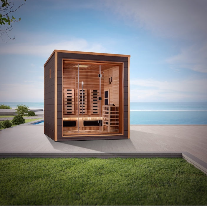 Golden Designs Visby 3 Person Hybrid (PureTech™ Full Spectrum IR or Traditional Stove) Outdoor Sauna - Canadian Red Cedar Interior